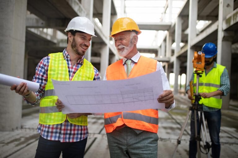 An engineer and foreman reviewing a drawing inside a concrete-framed commercial building.