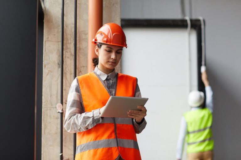 A site supervisor in an orange hard hat checking quantities on a tablet.