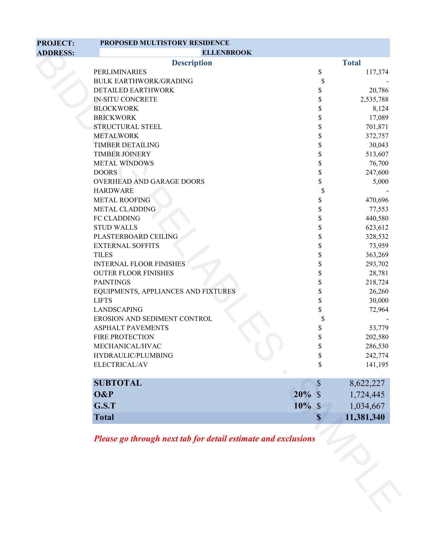Estimate page 1